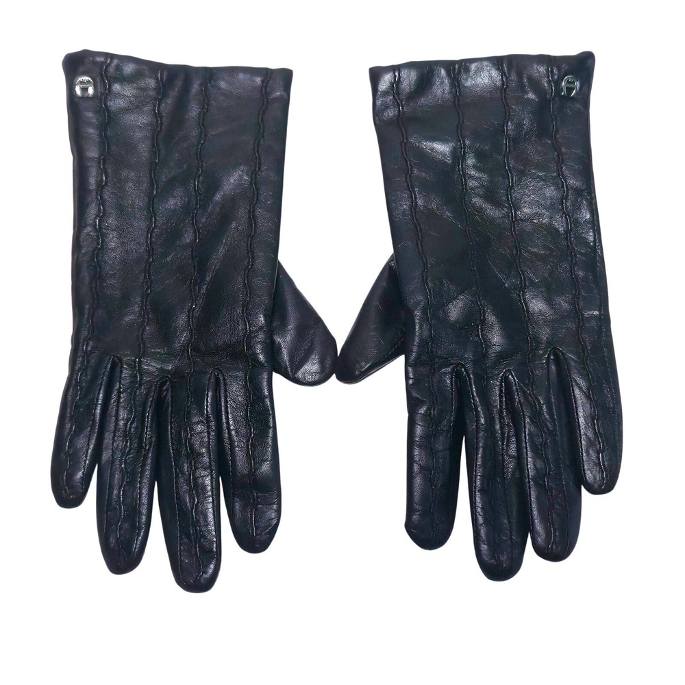 AIGNER Womens M Black Leather Gloves 100% Cashmere Lined Winter‎ Driving Warm